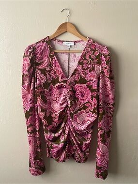 CeCe Velvet Floral Ruched V-Neck Long Sleeve Top - Pink & green